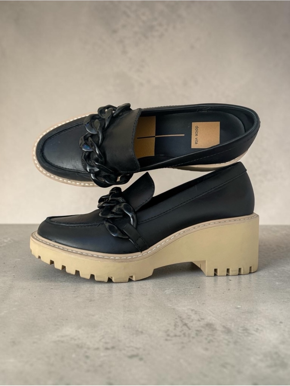 Dolce Vita Black Loafers with Chunky Tan Lug Sole and Chain